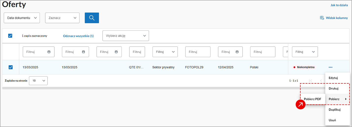 Ekran z tabelą wystawionych faktur